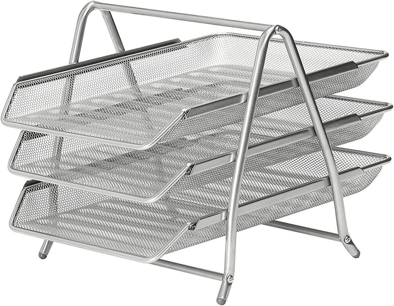 MantraRaj 3 Tier Letter Tray A4 Mesh Filing Trays Holder Desktop Document Paper File Storage Metal Filling Collection Desk Organiser Document Storage Letter Paper For Home & Office (Silver)