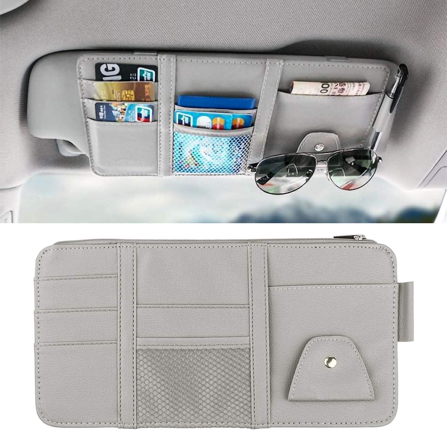 TYZOON Car Sun Visor Organizer with Zippered Storage Bag and Glasses Holder – PU Auto Interior Accessory for Travel Documents and Multi-Pocket Storage