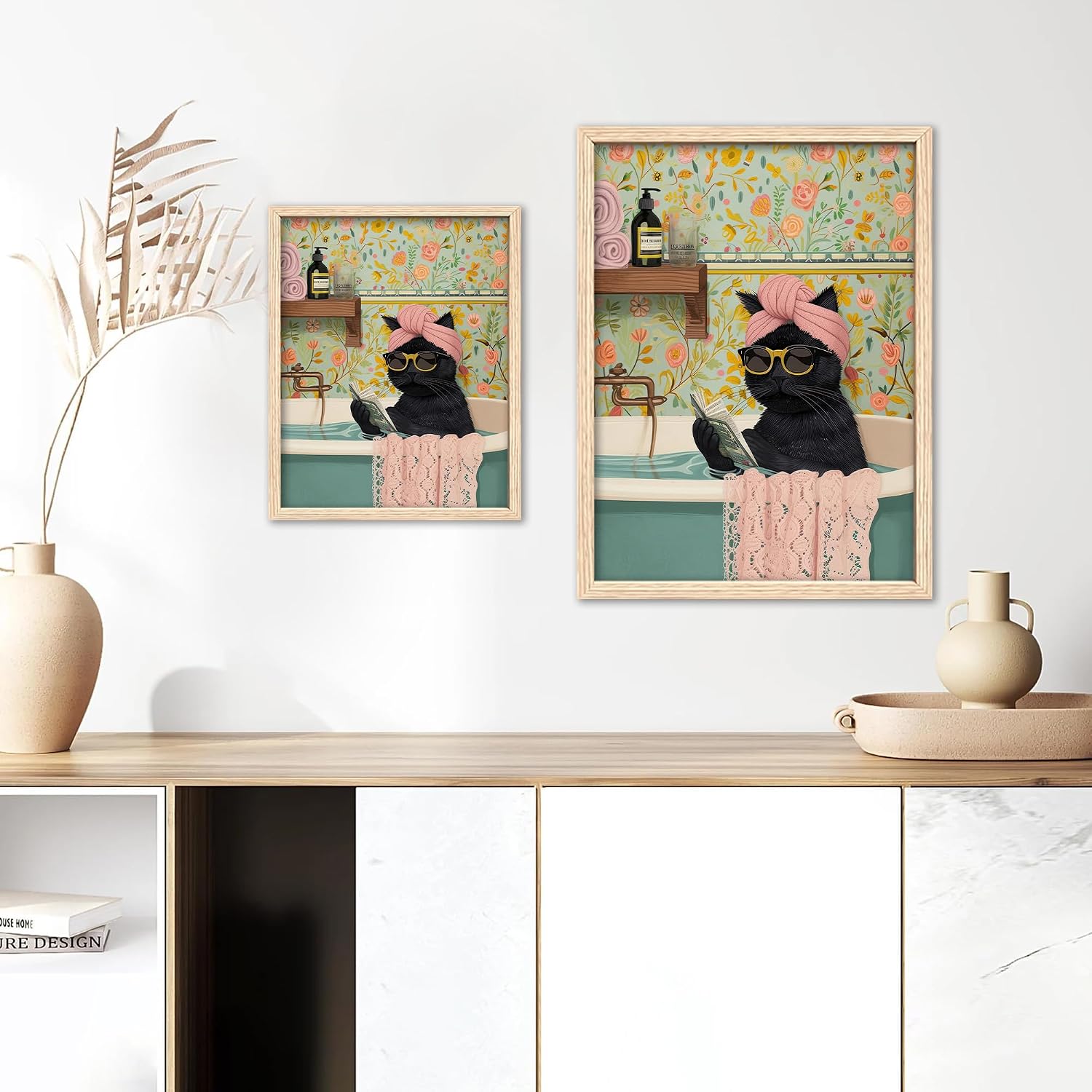 ICHZUMW Funny Black Cat Bathroom Wall Art Decor, Cute Framed Canvas Print Painting, Quirky Animal Pictures Wall Decoration, Humorous Girly Pink Artwork for Bedroom Restroom Powder Room Office, 12x16in