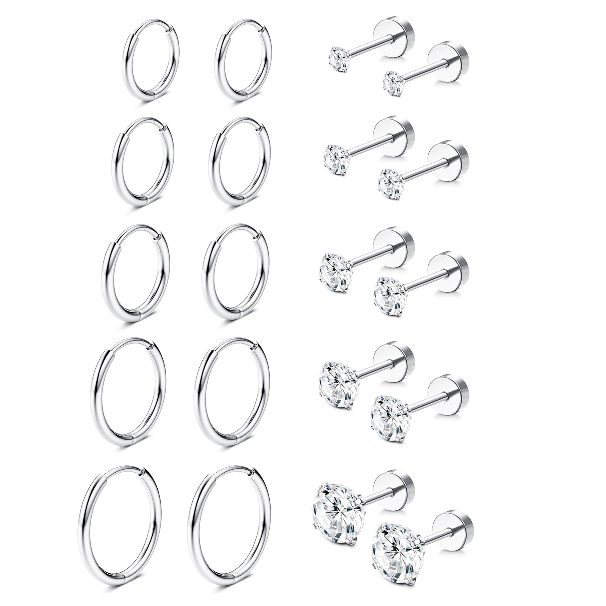 Diamday 10 Pares Pendientes para Mujer Niñas Acero Inoxidable 20G Cartílago Pequeño Pendientes Hipoalergénicos Circoniña para Piercings Múltiples Piercing Oreja Joyería Plata Oro