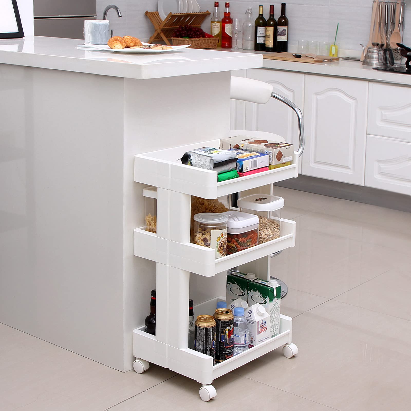 SONGMICS Rolling Storage Trolley With 3 Shelves - 36.5x28x61cm, 15kg Capacity, White PP Plastic