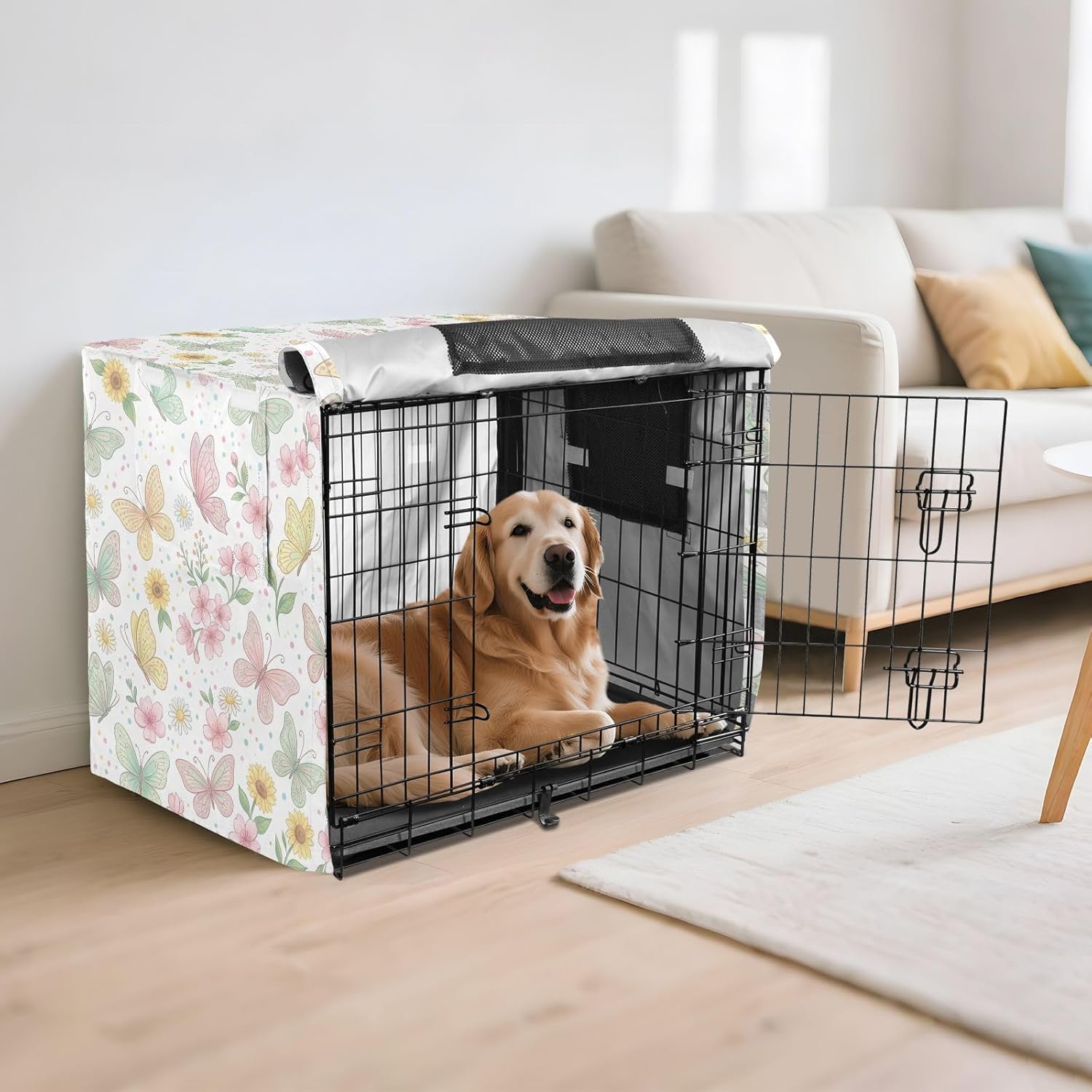 Duty 600D Silver Coated Dog Crate Cover, Water-Resistant Butterfly Print Pet Kennel Canopy with Mesh Windows for Optimal Ventilation, Universal Fit for Standard Wire Cage, Indoor & Travel