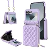 for Samsung Galaxy Z Flip 6 Case with Card Holder Crossbody 8-Card Slots Wallet Case with Adjustable Strap Soft PU Leather Protective Zipper Flip 6 Phone Case for Women Girls&comma; 6&period;7&apos;&apos; Purple