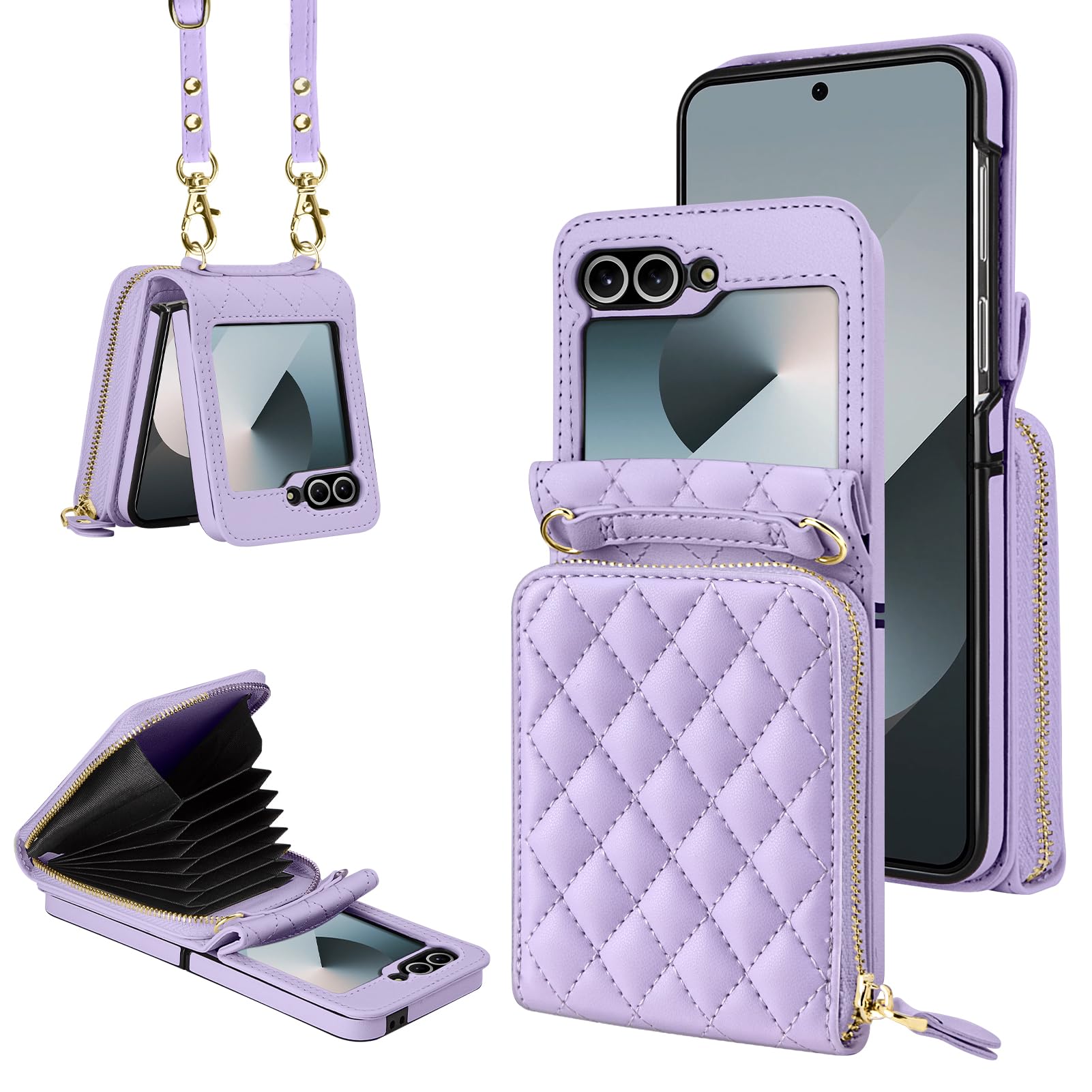 Vofolen for Samsung Galaxy Z Flip 6 Case with Card Holder Crossbody 8-Card Slots Wallet Case with Adjustable Strap Soft PU Leather Protective Zipper