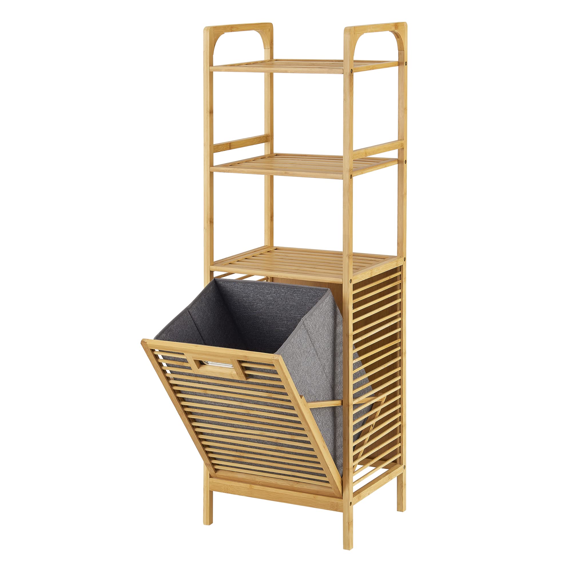 Relaxdays Estantería De Baño Con Cesto Para La Colada – 3 Estantes De Bambú, Saco Extraíble De 50L, Medidas 65x68x33 Cm – Ideal Para Baño O Dormitorio