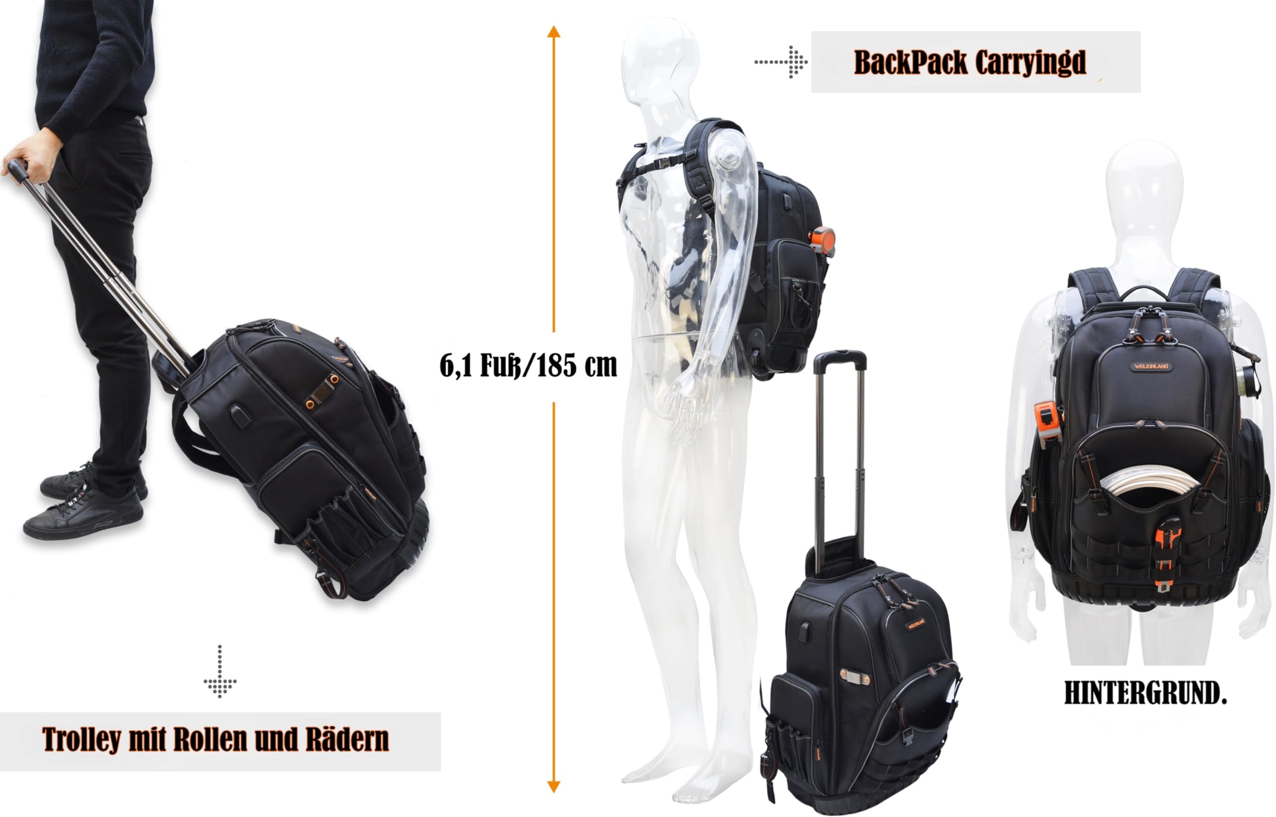 WELKINLAND 72 Taschen Roll-Werkzeug-Rucksack, große Werkzeugtasche mit Rollen, elektrische Tasche mit Rollen für Herren