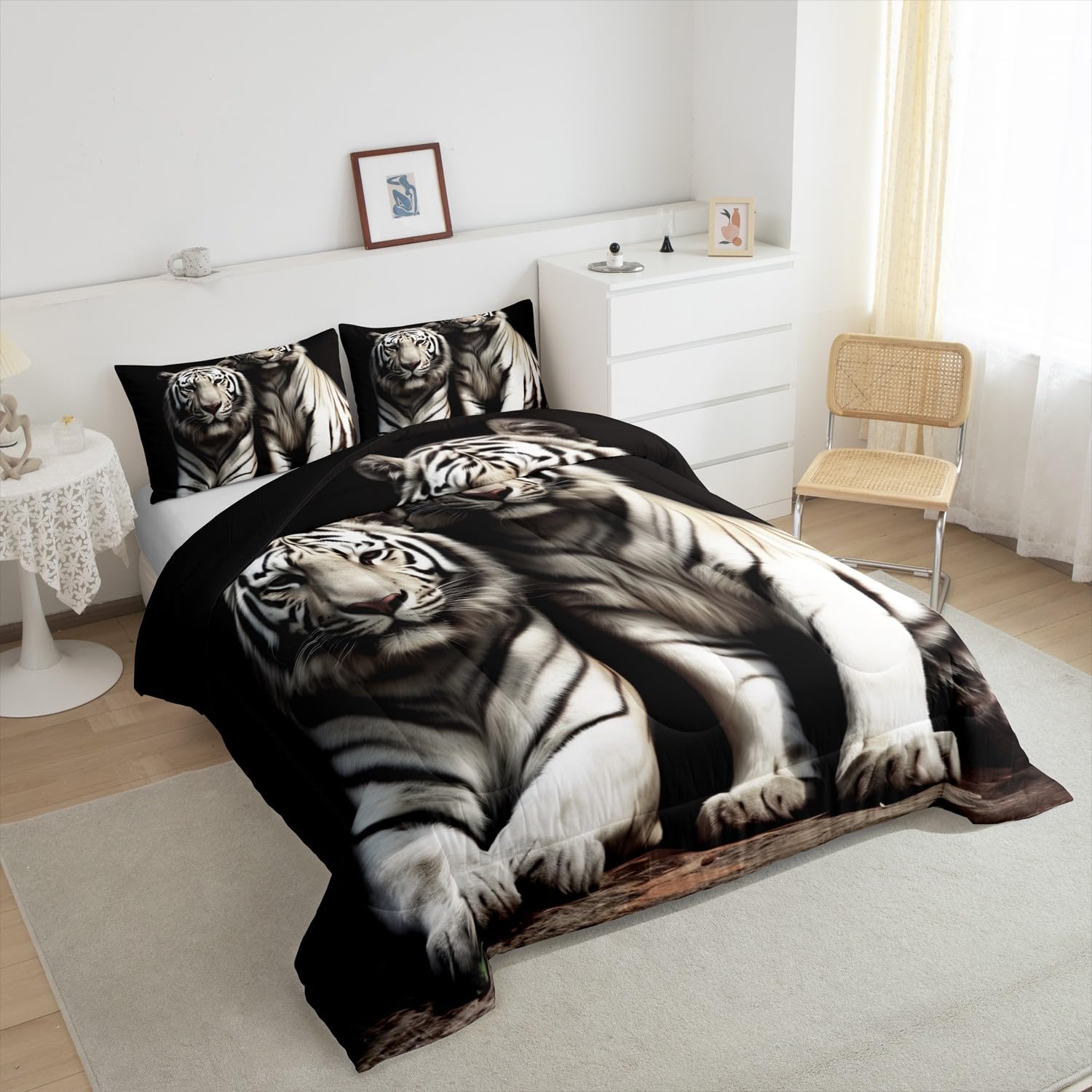 Erosebridal Parure de lit matelassée à motif de tigre blanc pour enfants, garçons, filles, adolescents et adultes, motif à rayures grises et noires pour grand lit