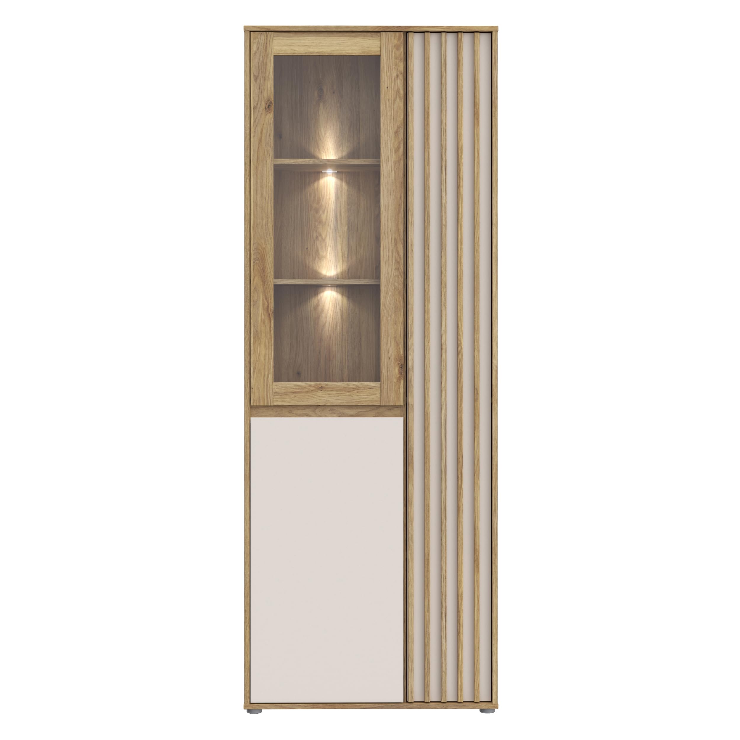 Forte ELISTON Vitrine 70 80, moderner Schrank mit Lamellendesign, 3-türig, Wohn-/Schlafzimmer, Mauvella Eiche Holzdekor|Kashmir Beige, 74 cm breit x 200,1 cm hoch x 41,5 cm tief