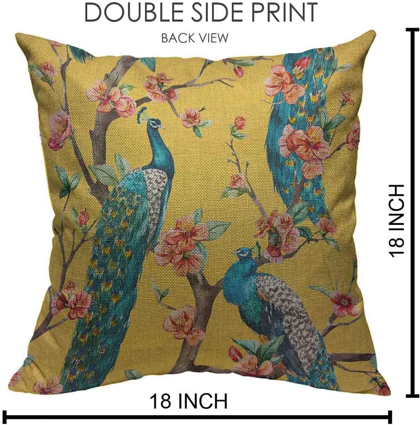 Throw Pillow Covers Vintage Watercolor with Peacock On Tree Cherry Flowering Trees with Flowers Yellow Colorful Bird Linen Decorative Square Pillowcases Cushion Cover 18 X 18 Inch - Image 2