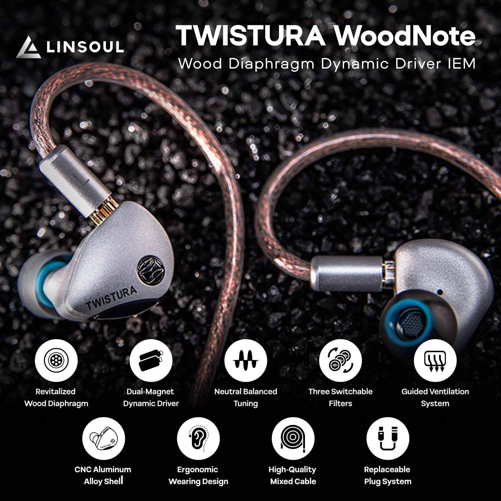 Linsoul TWISTURA WoodNote Écouteurs Intra-Auriculaires, Diaphragme en Bois, Casques à Double Aimant et Double Chambre à air de 10mm, IEM de qualité Studio avec Embouts filtrants Amovibles