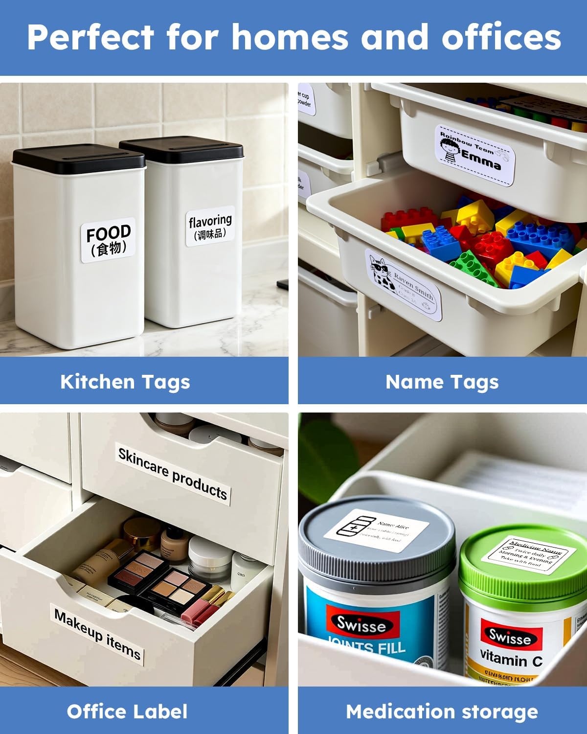 Label Maker Machine with 4 Tape - 4 x 50x30mm (1.96"x1.18") in White Tape,Bluetooth Label Makers, Portable Thermal Label Printer Inkless Label Makers for Small Business, Home, School, Office