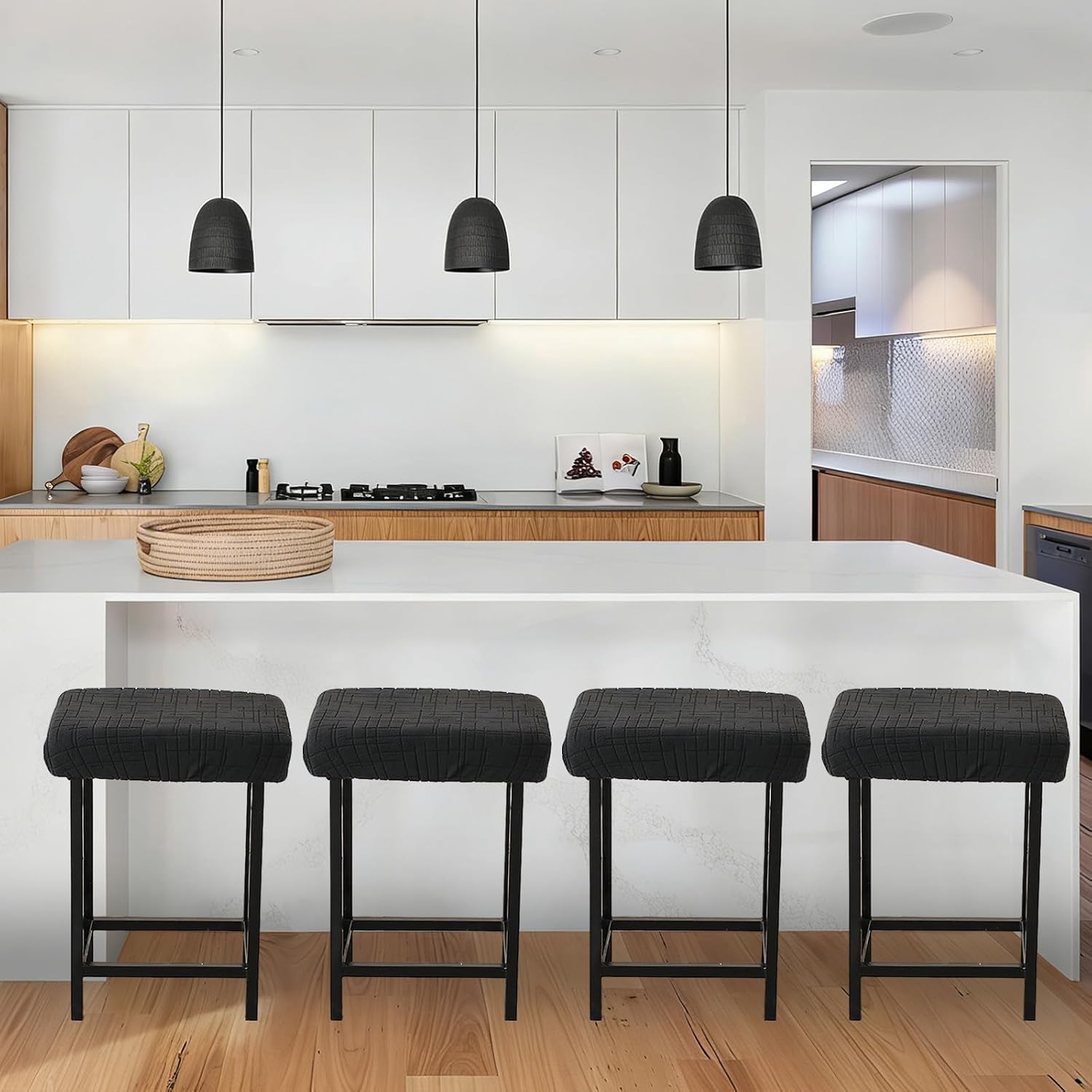 KRFOONN Stool Covers Rectangle 4 Pack Bar Stool Covers Stretch Chair Seat Slipcovers Washable Stools Cushion Covers Jacquard Saddle Seat Slipcover for Counter Height Bar Stools Kitchen, Black