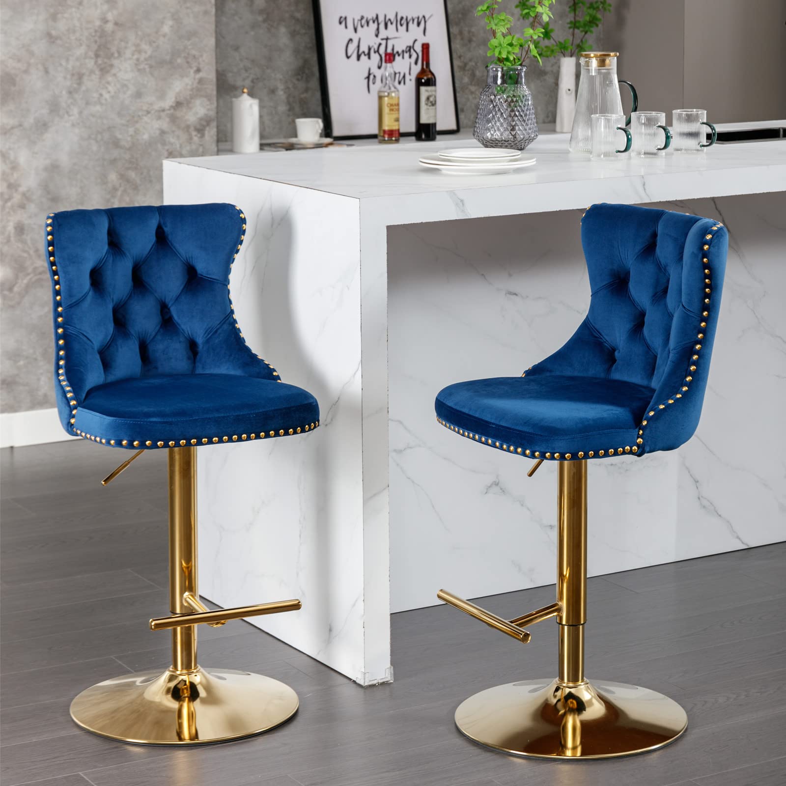 Aoowow Swivel Bar Stools Set of 2,Adjustable Barstools with Back Velvet Tufted Counter Stool Modern Upholstered Bar Chairs with Nailhead for Kitchen