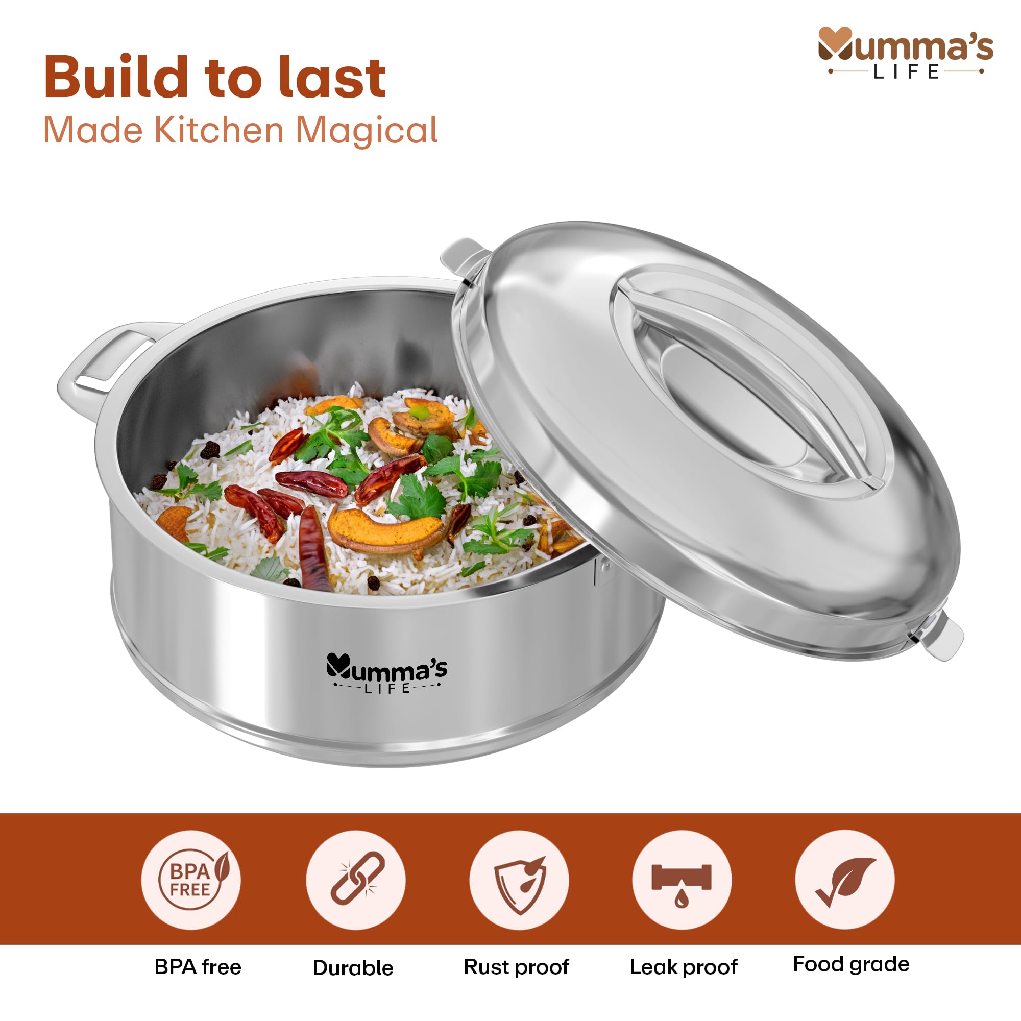 Mumma's LIFE Hot Box | Stainless Steel Casseroles | Hot Boxes for Kitchen | Insulated Stainless Steel Casserole | Hot Food, Easy to Store| Hygiene | Odourless (Silver) (3600ML) 3