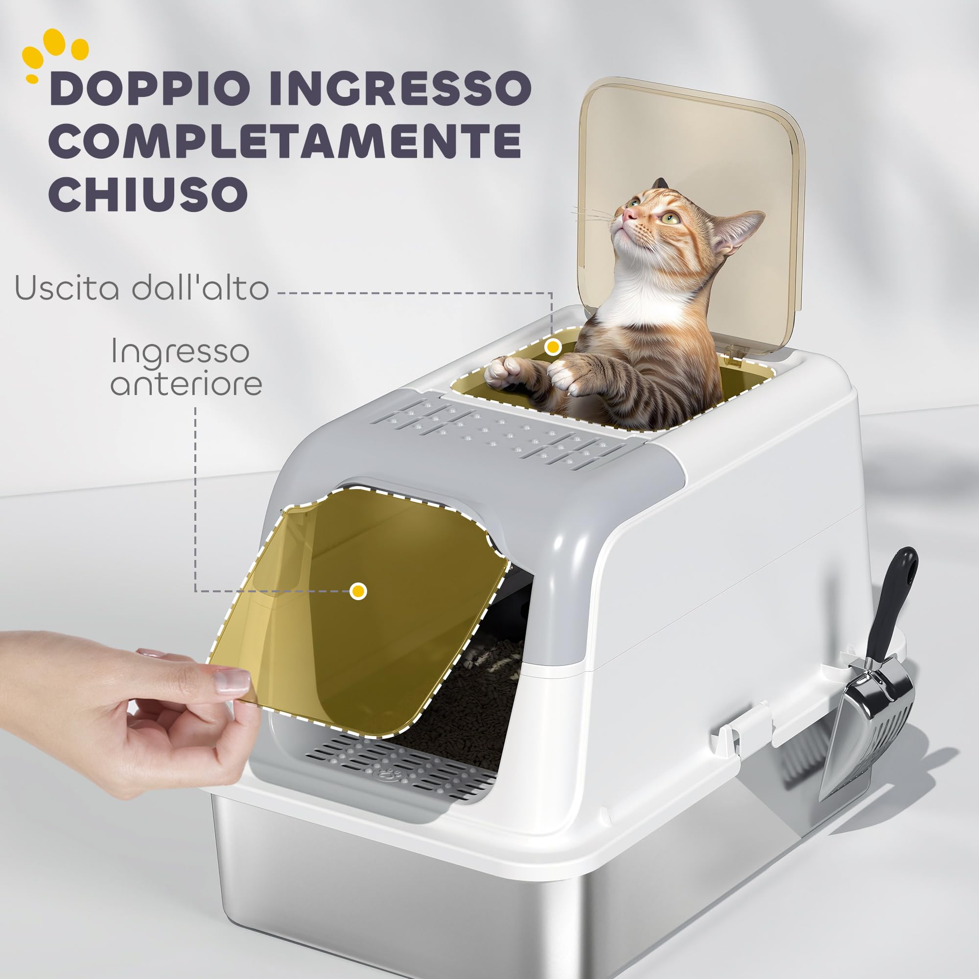 PawHut Lettiera per Gatti Chiusa a 2 Ingressi con Deodorante e Paletta, Lettiera per Gattini in Acciaio Inox, ABS e PP, 60.4x40.4x41.8 cm, Bianco e Grigio