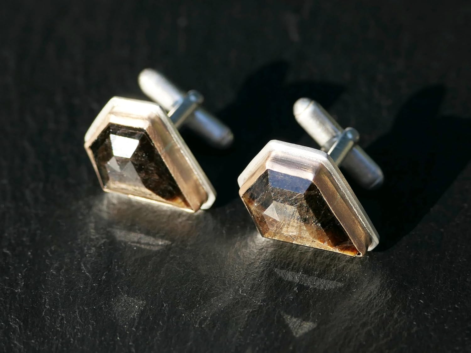shield cut golden sheen sapphire cufflinks sterling silver and bronze, wedding cuff links, groom cufflinks, unique anniversary gift for men
