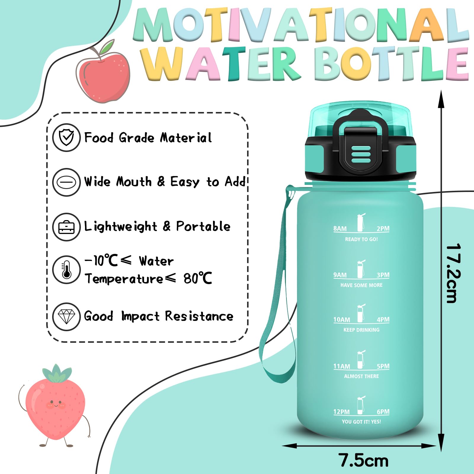 Mujigaga Borraccia- 0,5 litri- Borraccia Bambini, Borraccie con Cannuccia, Senza Perdite, Borraccie Motivazionale, Facile da Pulire, Con Chiusura di Sicurezza, per Sport, Ufficio, Corsa, Nuotare