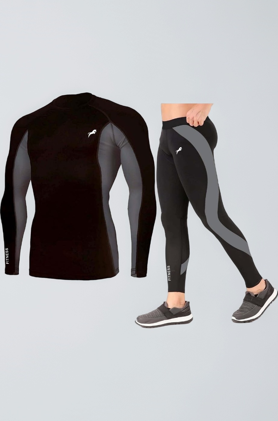 Men's Sports Running Set Compression Shirt + Pants Skin-Tight Long Sleeves Quick Dry Fitness Tracksuit Gym Yoga Suits (Set of 2)