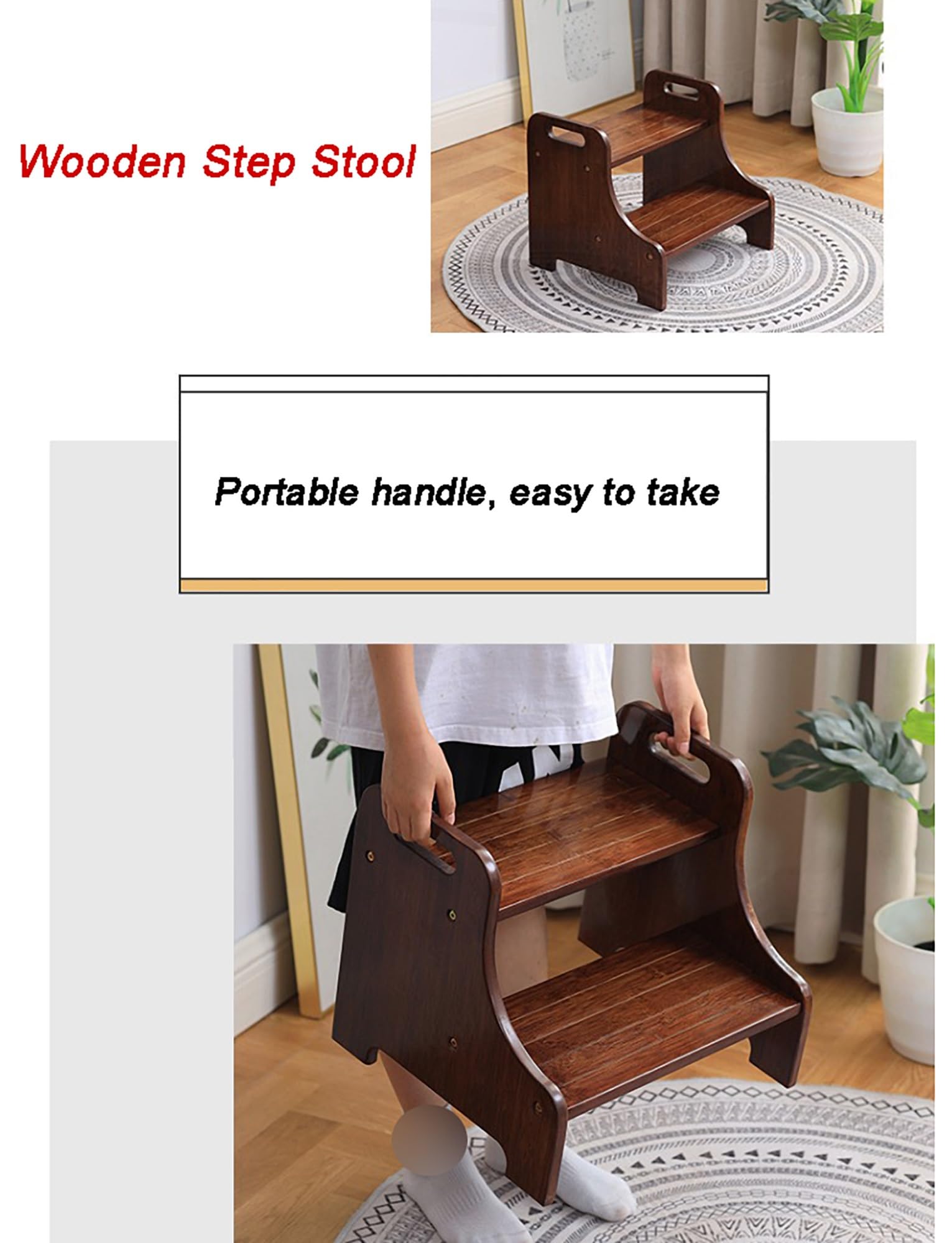 Taburete de madera, diseño de dos escalones con almohadillas antideslizantes, doble altura para baño y cocina