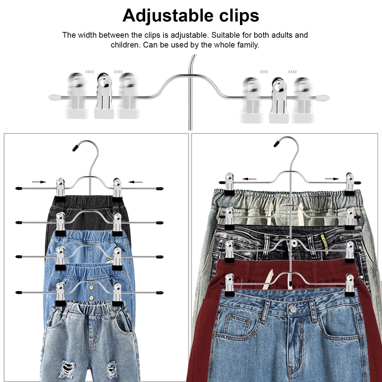 ABHENG Hosenbügel Kleiderbügel, Metall Kleiderbügel mit Anti-Rutsch für Hosen Röcke Socken Unterwäsche, 3er Set, für je 4 Hosen, mit 8 verstellbaren Klammern, Silbern-Schwarz,32B x 35H cm, AIY0103B