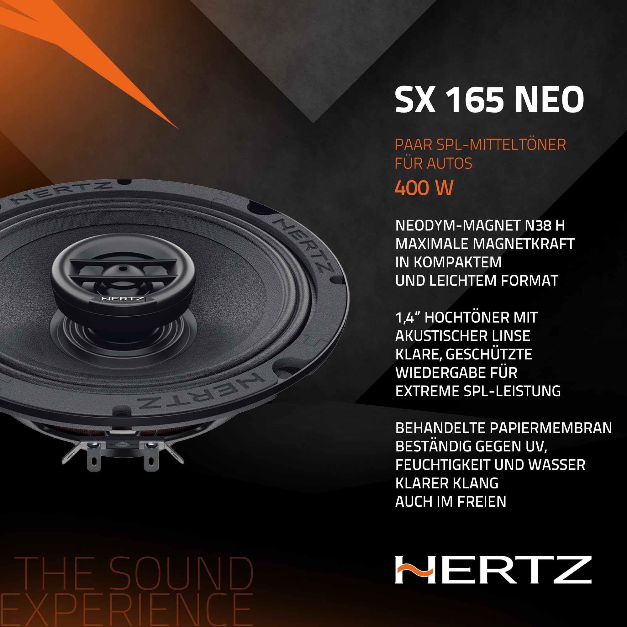 Hertz SX 165 Neo – Paar 165 mm SPL-Koaxiallautsprecher mit Neodym-Magnet, entwickelt für Installationen in Autos, Motorrädern und Outdoor-Fahrzeugen, 200W max