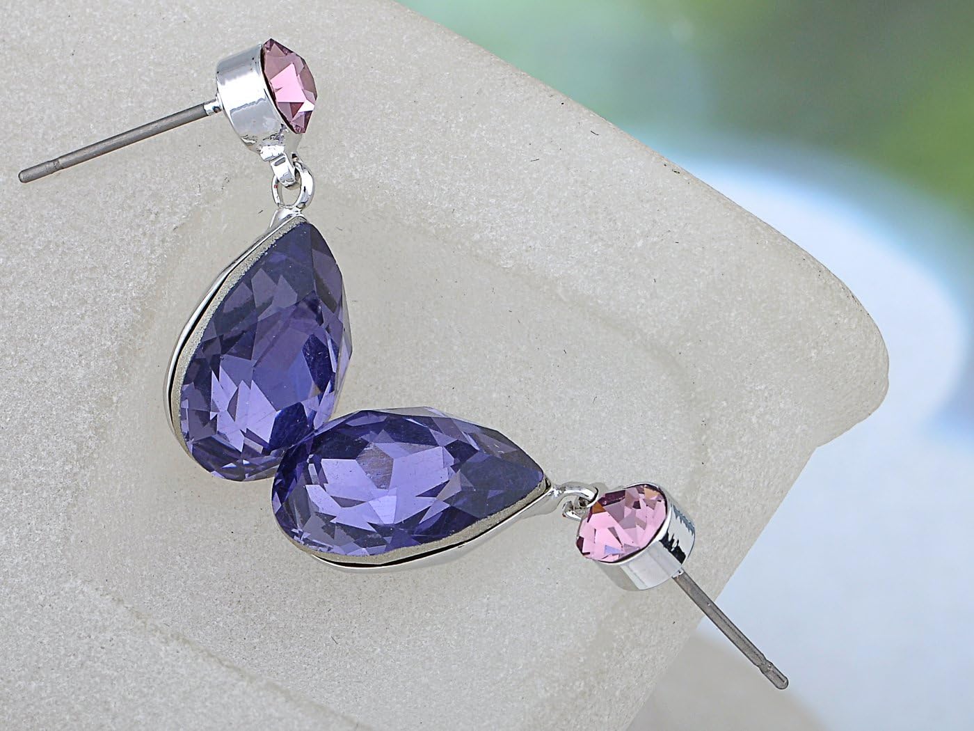 Alilang Crystal Silvery Tone Purple Blue Rhinestones Floral Daisy Bib Necklace Stud Earrings Set