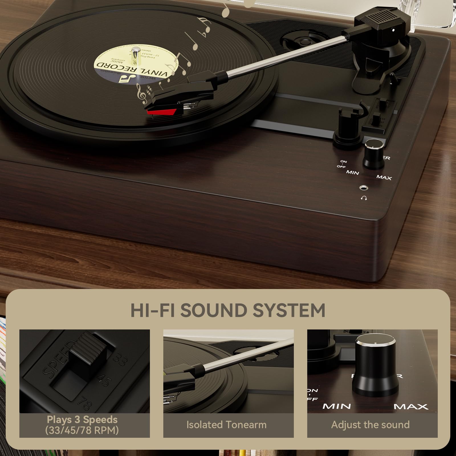 Topteng Schallplattenspieler mit Lautsprecher, 3-Geschwindigkeiten (33/45/78 U/min) für 7/10/12 Zoll Vinyl-Schallplatten, Geteilter Turntable Record Player, mit LP Modus - Zum entspannten Musikgenuss