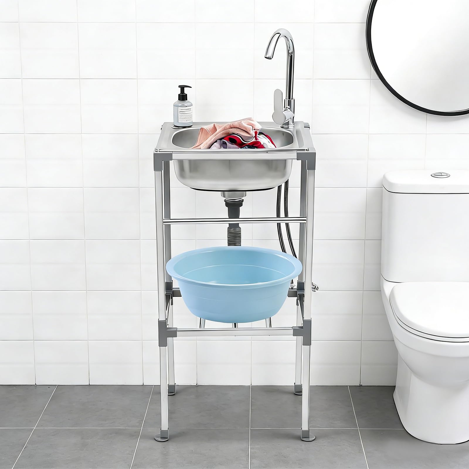 Freistehend Edelstahl Waschbecken, 42x37x83Cm Spültisch, Gewerbliche Spültisch mit 360 °Drehbarer Wasserhahn