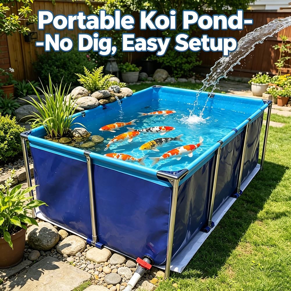 GZHERVICES Acquario Pieghevole, Laghetto per Carpe Koi in PVC (con Telaio in Acciaio Inossidabile 304 E Valvola di Scarico), Adatto all'Uso Sia in Interni Che All'aperto per L'allevamento(1x0.6x0.3m)