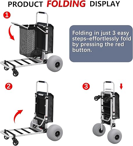 Miniatura 6 de GDLF Carrito de playa para todo tipo de arena, carrito de playa plegable con mango ajustable y ruedas de globo de 12 pulgadas, carro de arena de