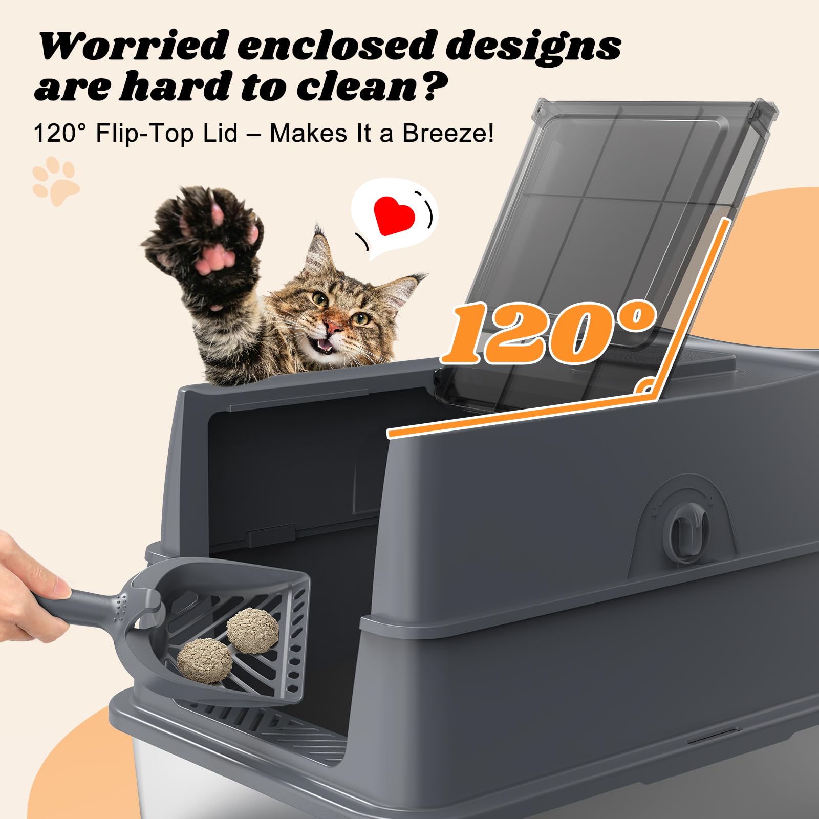 AIPERRO Caja de arena cerrada para gatos de acero inoxidable con tapa, caja de arena de metal con tapa de filtro de alta cara con juego de cuchara para gatos grandes, antiadherente, antifugas, fácil