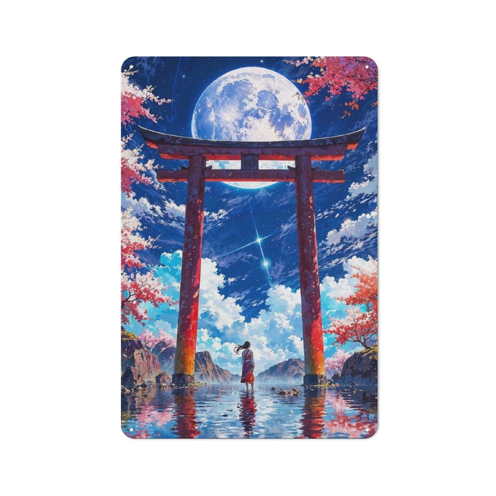 Junmoney Japanese Moonlit Torii Landscape Rustic Tin Wall Plaque 30X20cm For Home Bar Wall, For Vintage Wall Decor Fans, For Living Room And Hallway Decor
