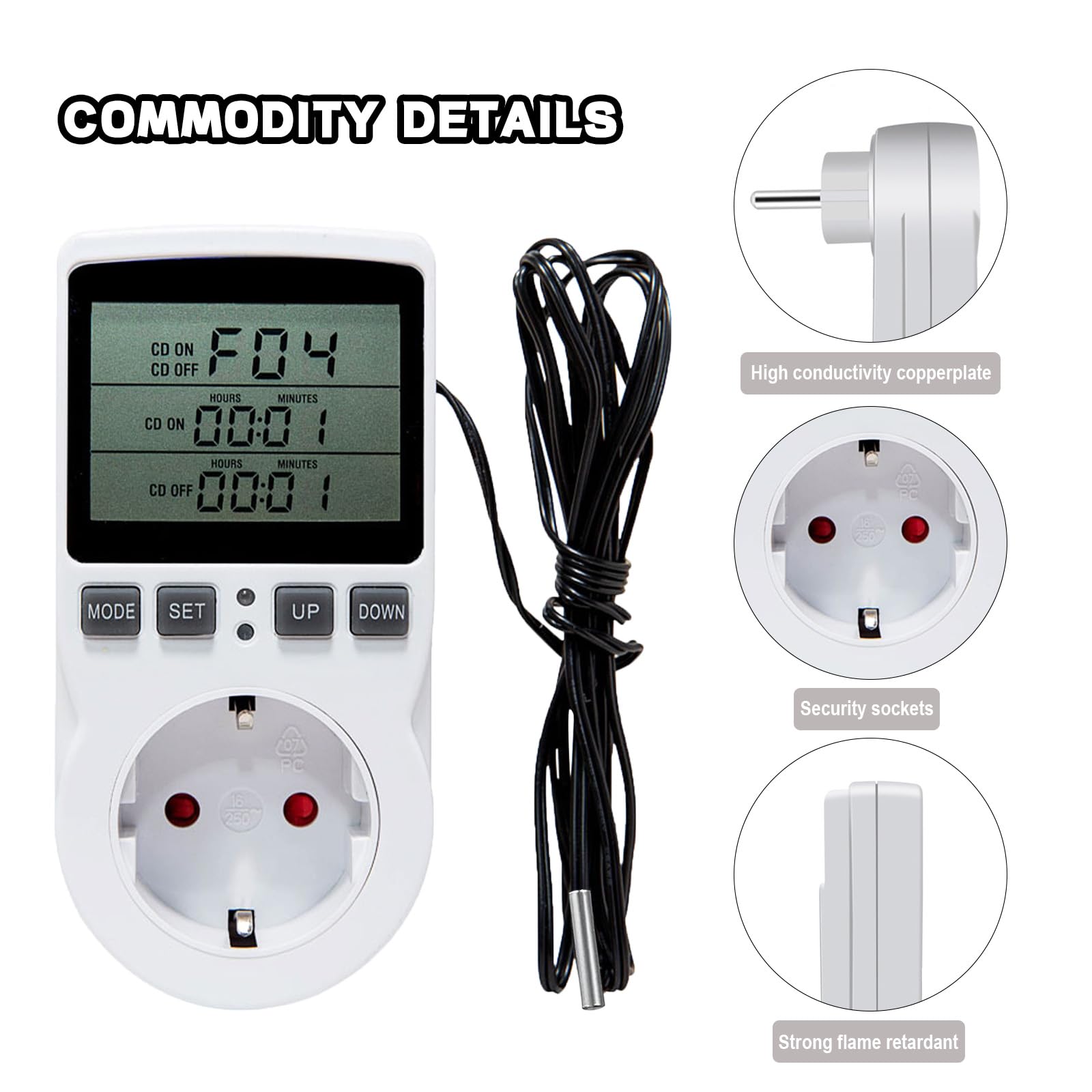 Termostato Presa Digitale Regolatore di Temperatura 230V con Sonda Presa con Regolatore di Temperatura per Serra, Acquario, Riscaldamento, Terrario, Acquario, Rettili, Incubatore Thermostat