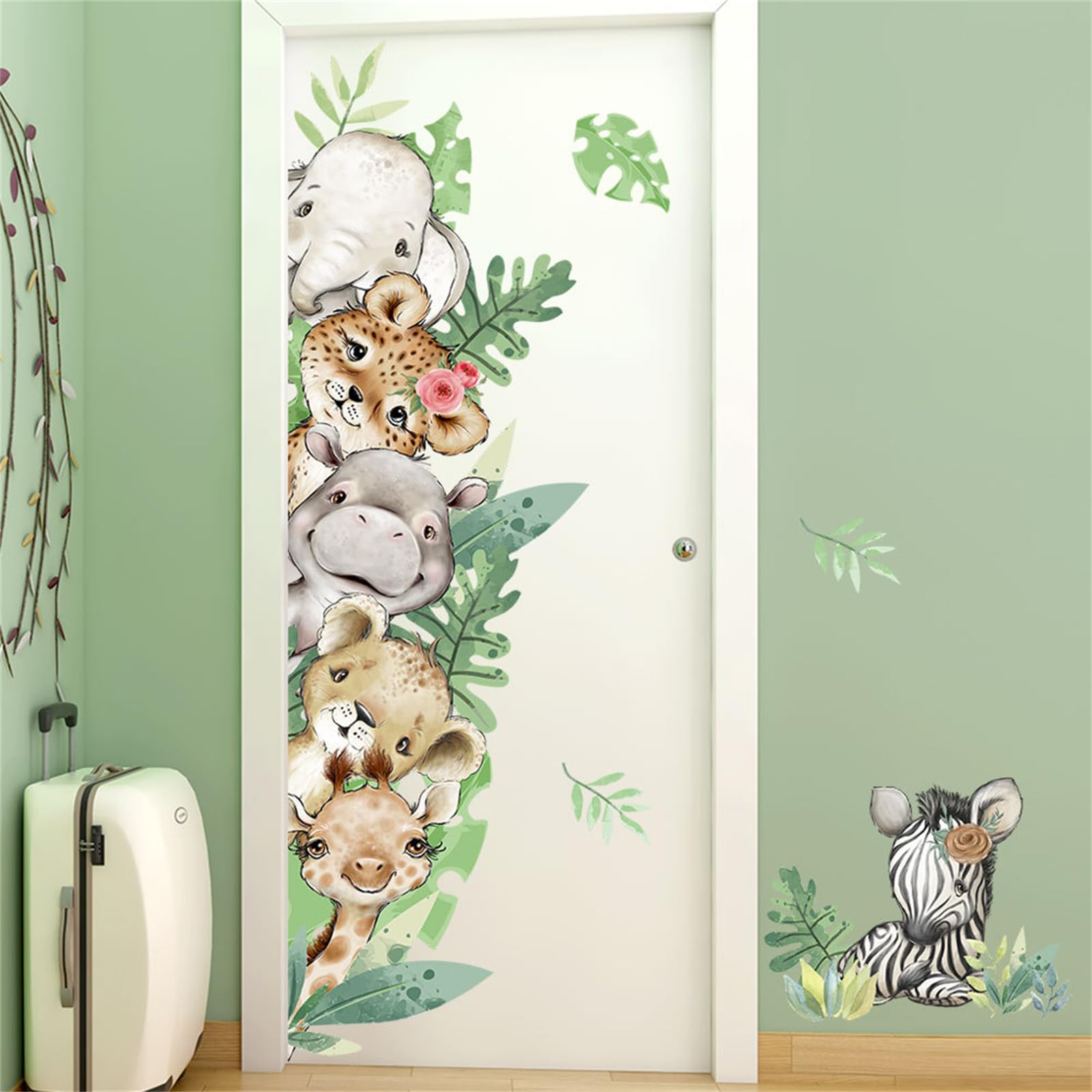 Jungle Animals Wall Decals Green Leaves Forest Animals Door Stickers Tiger Elephant Zebra Safari Wall Stickers Baby Nursery Kids Bedroom Classroom
