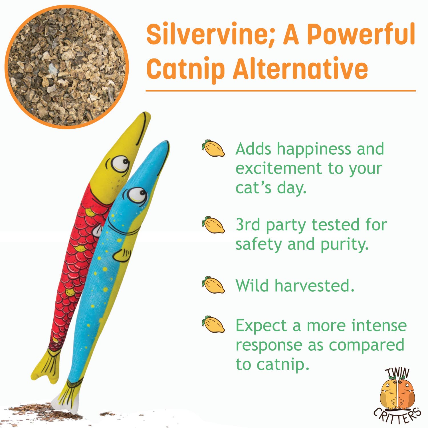 Twin Critters Organic Silver Vine Katzenminze Spielzeug Sardine Nachfüllbar Plüsch 2er Pack für Katzen & Kätzchen Keine künstlichen Inhaltsstoffe
