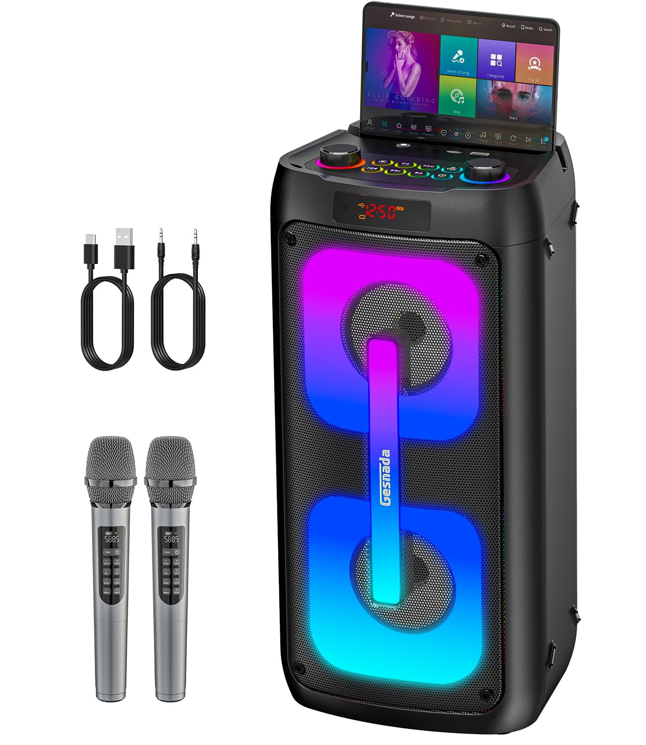 GJCrafts Altoparlante Amplificato Bluetooth con 2 Microfoni Wireless, Karaoke Professionale Completo con Luci Da Discoteca Sistemi PA Audio con Maniglia e Ruote, Supporto TWS/REC/AUX/MP3/USB/TF/FM