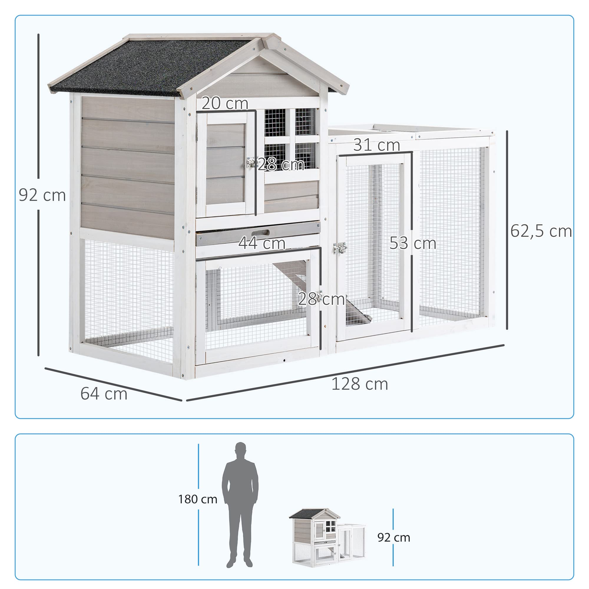 PawHut Clapier Cage à Lapins Cottage - Niche supérieure avec Rampe et enclos extérieur - Plateau Coulissant, Toit bitumé, 4 Portes verrouillables - dim. 128L x 64l x 92H cm Bois de Sapin Blanc Gris