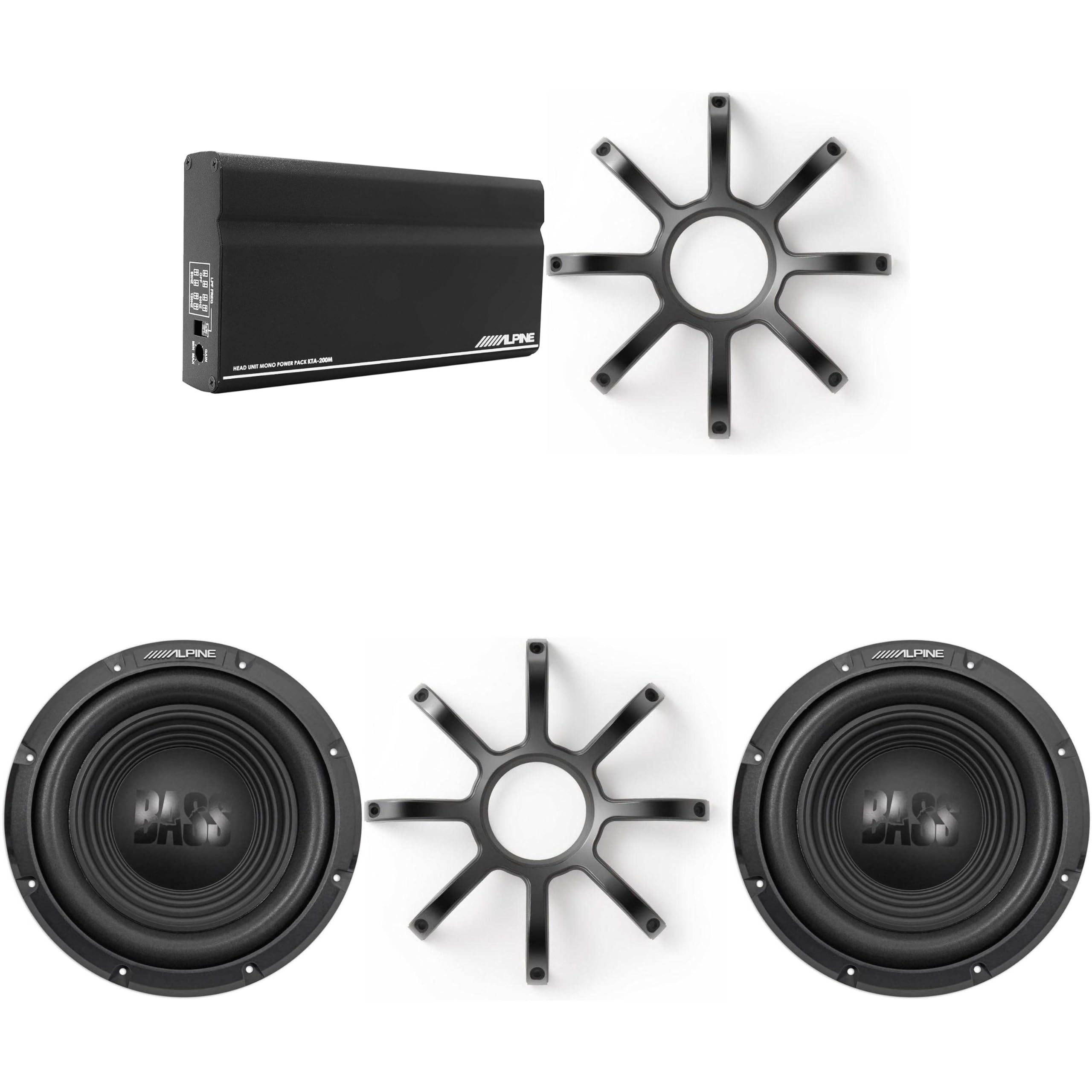Alpine (2) W10S4 10-Inch Bass Subwoofer w/KTE-10PG Grills & KTA-200M Mono Power Pack Amplifier with PowerStack Capability Bundle