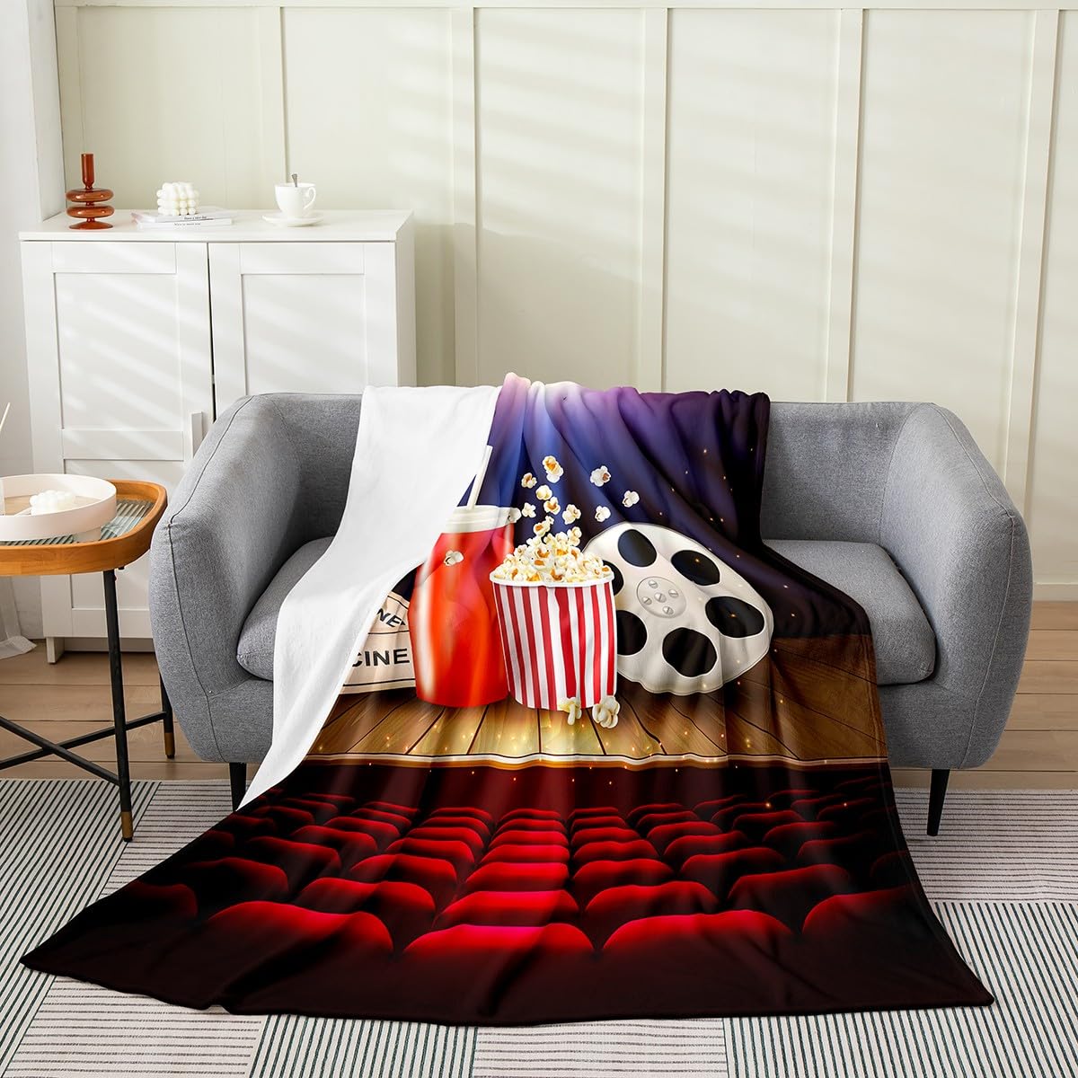 Homemissing Movie Theater Decor Plush Throw Blanket Double 60"x79" Kids Movie Night Flannel Fleece Blanket for Boys Popcorn All Season Bed Blanket Cinema Room Decor Movie Ticket