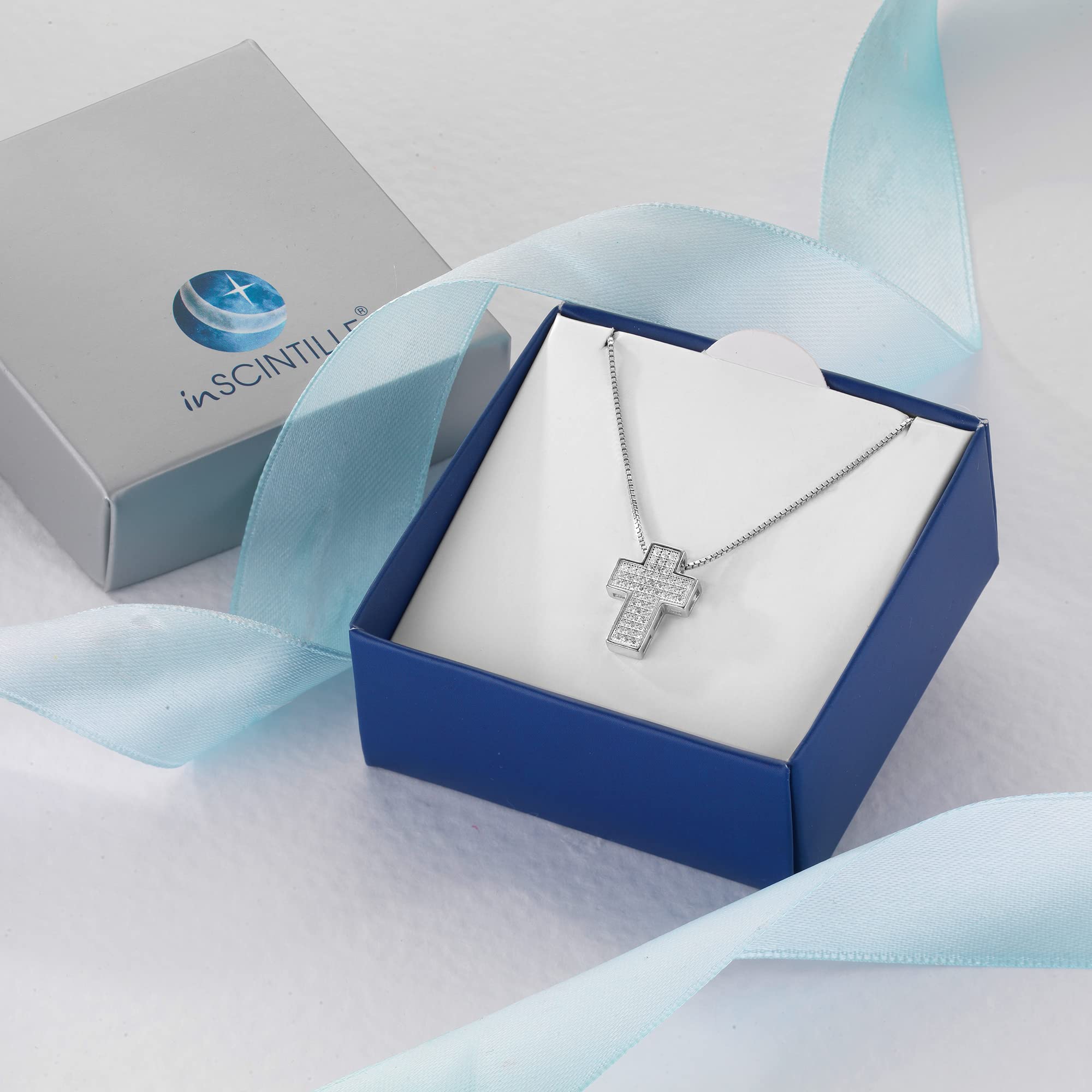 inSCINTILLE Collana Croce Uomo Donna in Argento Rodiato 925, Ciondolo Crocifisso con Punti Luce di Zirconia Cubica, Unisex 100% Made in Italy