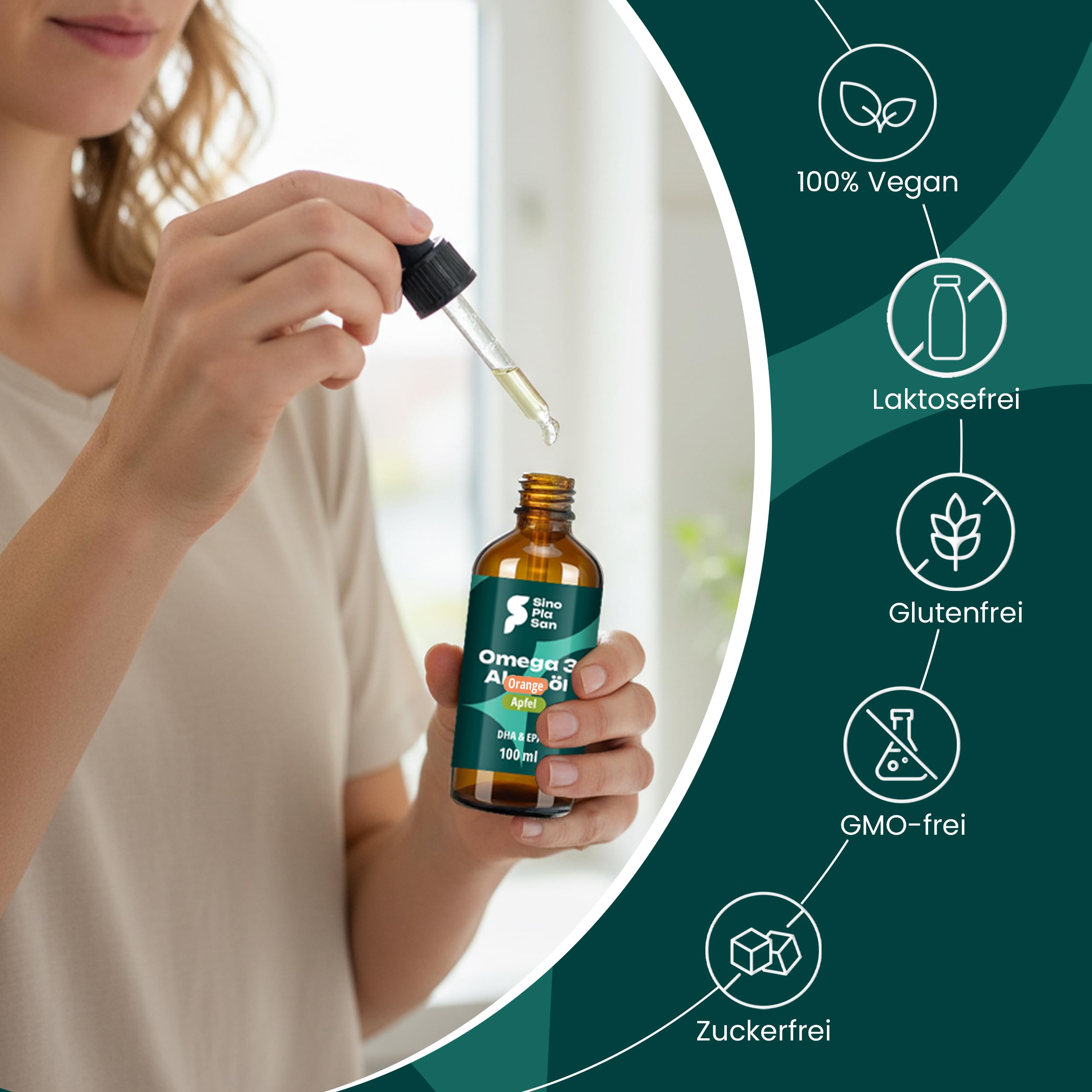 SinoPlaSan Premium Omega 3 Algenöl vegan hochdosiert 100ml mit Orangennote | Mit 1000mg DHA und 535 EPA für Herz, Gehirn und Sehkraft - Made in Germany