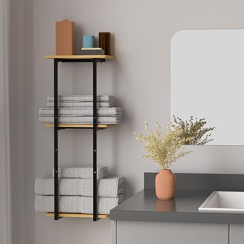 Miniatura 6 de EYOCAL Toallero para baño, soporte de toalla de metal grande montado en la pared con estante de madera para cocina, sala de estar, dormitorio (negro)