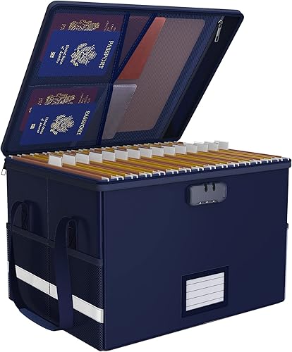 Oterri - Caja de archivos con cerradura, caja de documentos ignífuga con bolsas de malla multifuncionales, caja organizadora de almacenamiento con