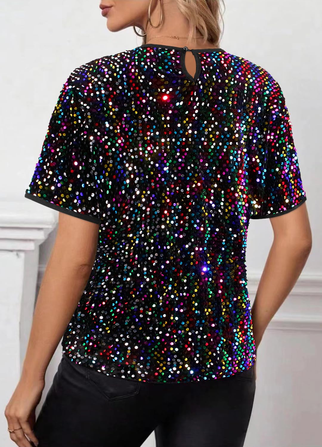 T-shirt décontracté à manches courtes pour femme avec paillettes scintillantes