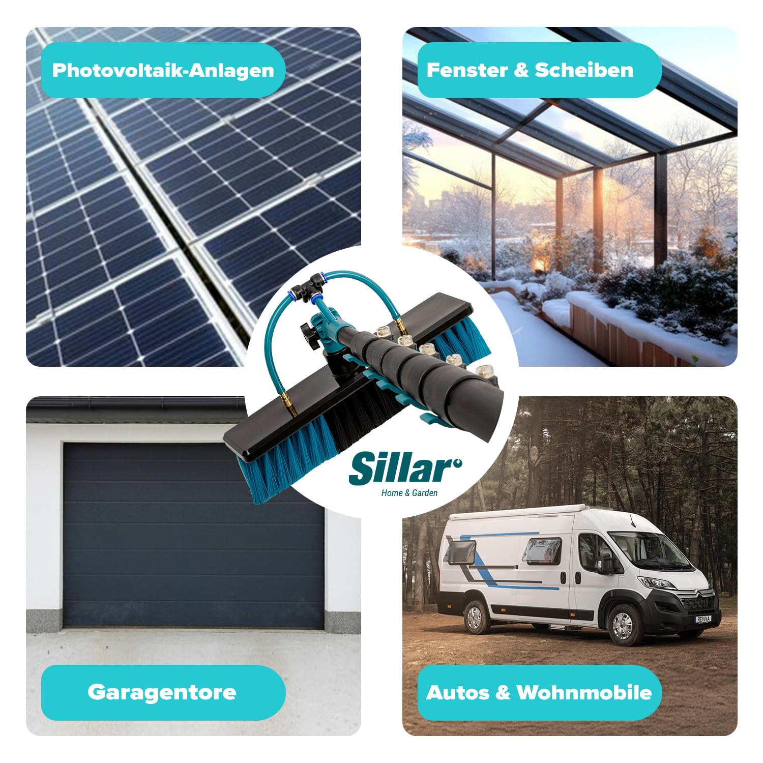 Sillar Perche Télescopique Nettoyage Panneaux solaires, Extensible à 3,95 metres, Brosse telescopique toiture avec Tuyau Intérieur Balai telescopique pour Toit