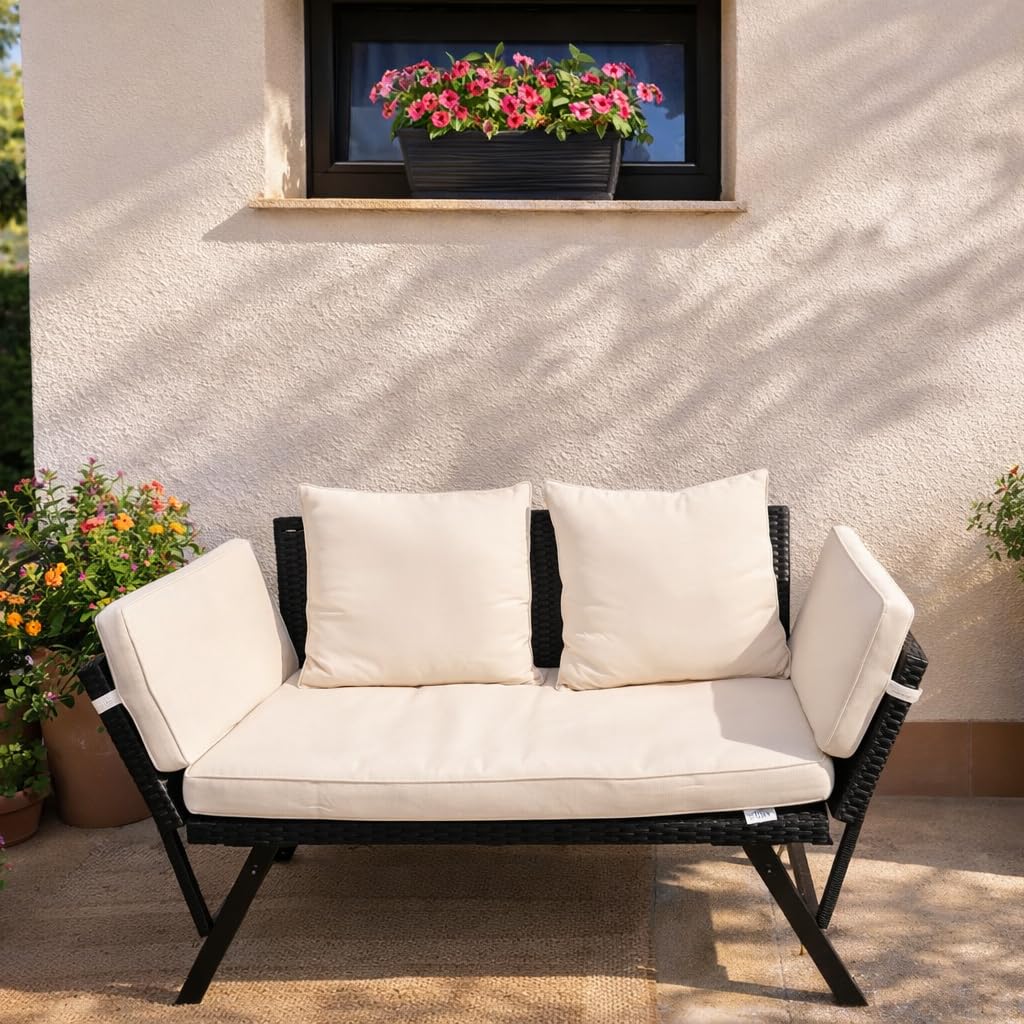 Panchina da giardino in polyrattan 3 in 1 con funzione sdraio, divano da giardino a 2 posti, braccioli pieghevoli (bulloni), mobili da salotto per esterni, con imbottitura spessa e cuscino