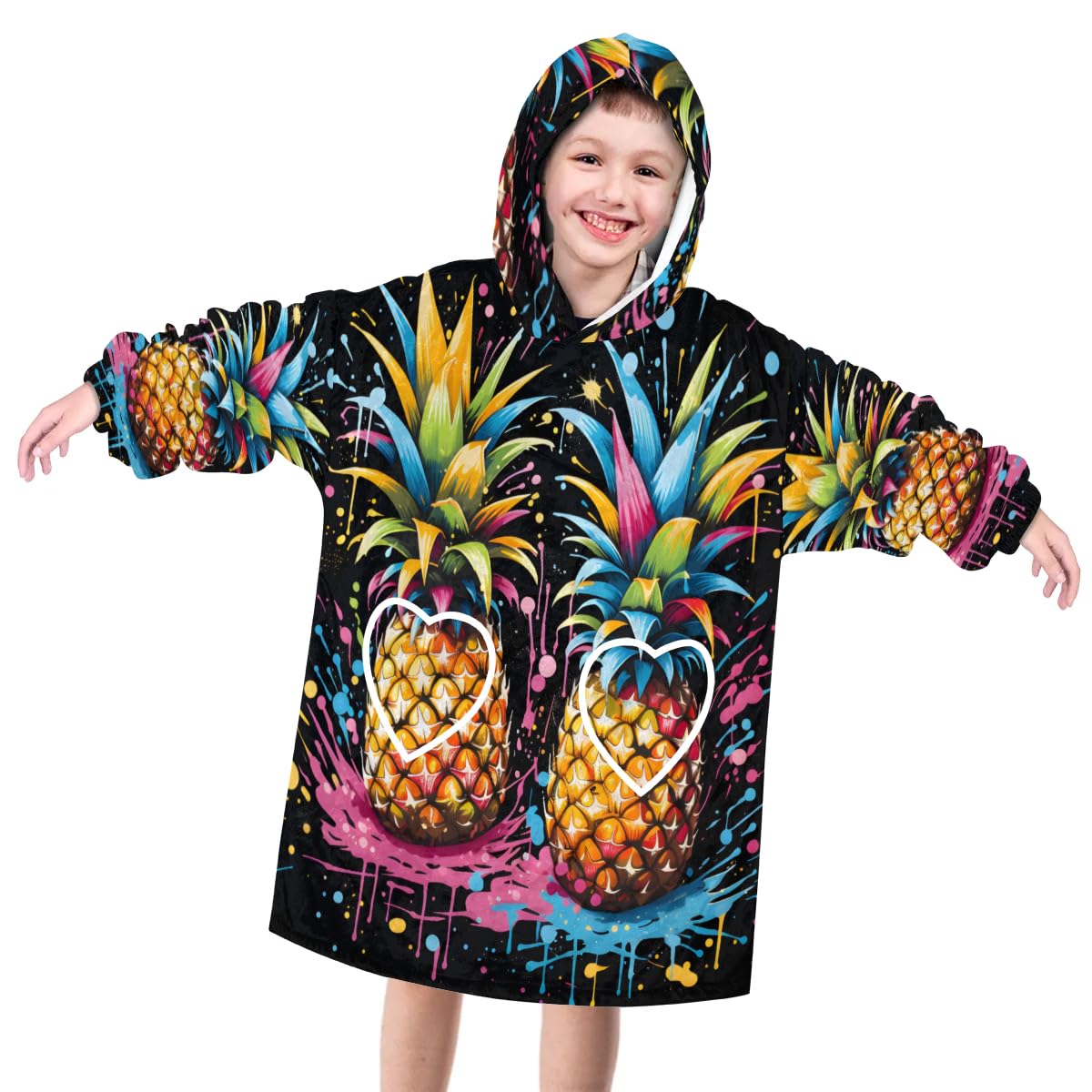 Pardick Wearable Blanket Hoodie for Kids, Attractive Pineapple Fleece Sweatshirt Blanket Oversized Blanket Sweatshirt with Pocket Flannel Warm Hooded Blanket 6-10 Year Old Girl Boy Gift, One Size