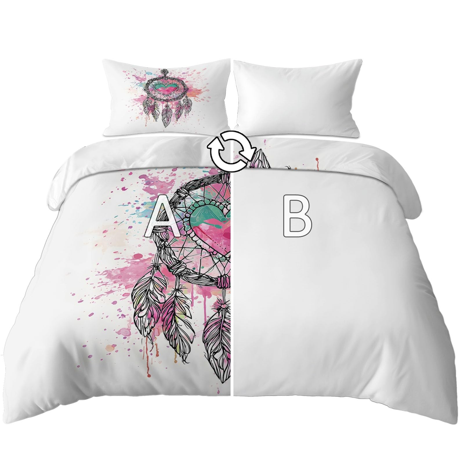 Generisch Ästhetischer Boho Stil 3-teiliges Bettwäsche-Set, 1 Bettbezug 240 x 220 cm und 2 Kissenbezüge 80 x 80 cm, Weiß, Herz Traumfänger Federn, Pflegeleicht, Erwachsene, Schlafzimmer