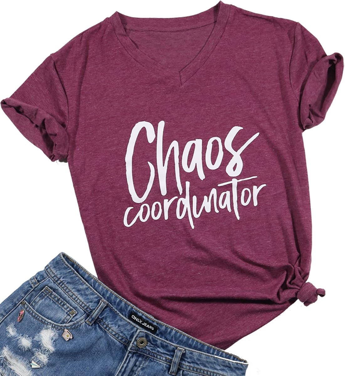 Chaos Coordinator T Shirt Women Funny Letter Print T-Shirt Tees Casual Loose V-Neck Short Sleeve Tops Blouse : Clothing, Shoes & Jewelry