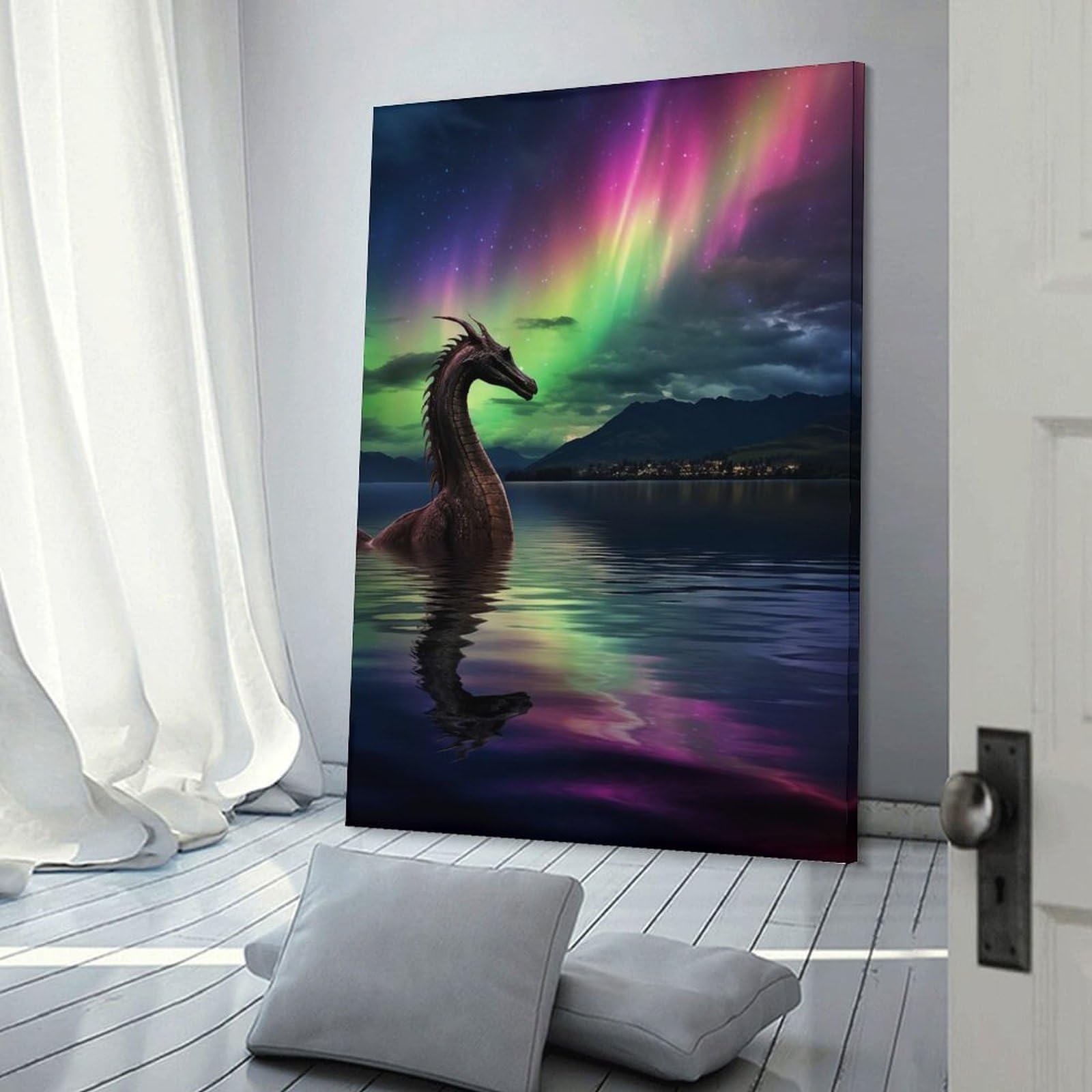 Junmoney Frame-Style-3 Dragon In Aurora Borealis Canvas Wall Picture, 20X30inch(50X75cm), For Study, Office Or Focused Interiors, Home Office Artwork With Decorative Appeal